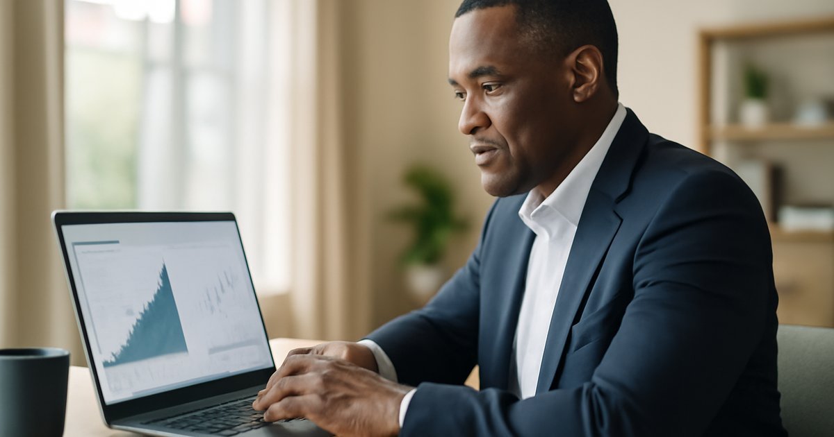 American professional reviewing 401k investment charts on laptop for retirement planning